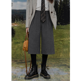 显瘦高智加厚休闲裤 复古毛呢直筒七分裤 半松紧高腰简约百搭阔腿裤