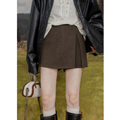 复古高腰毛呢半身裙裤 女设计感拼接开衩防走光短裙呢子阔腿短裤 潮