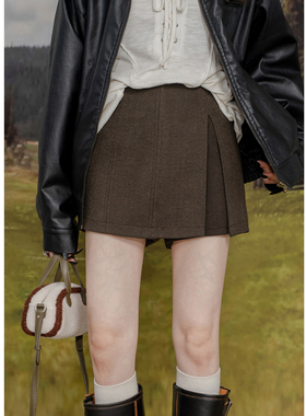 复古高腰毛呢半身裙裤女设计感拼接开衩防走光短裙呢子阔腿短裤潮