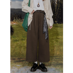 气质显瘦呢子休闲裤 复古高腰毛呢阔腿九分裤 女简约百搭宽松直筒裤