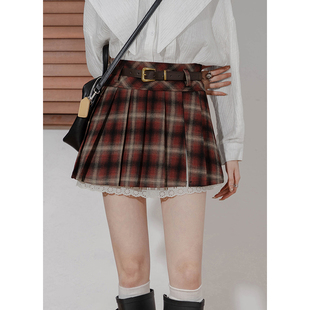 六条猫studio格子毛呢A字短裙女复古高腰开叉拼蕾丝防走光半身裙