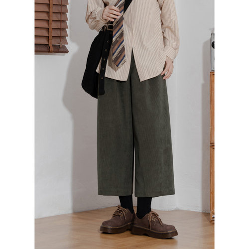 六条猫studio灯芯绒阔腿九分裤女半松紧高腰复古条绒宽松休闲裤潮