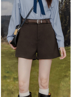 复古毛呢西装短裤女简约百搭高腰A字阔腿裤宽松显瘦百搭靴裤春
