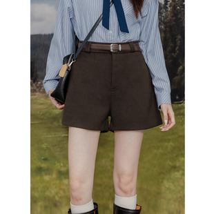 复古毛呢西装短裤女简约百搭高腰A字阔腿裤宽松显瘦百搭靴裤春