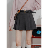 高腰毛呢A字短裙女减龄百褶裙春季 复古百搭防走光内衬呢子半身裙