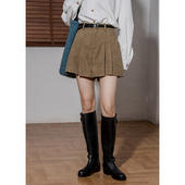 设计感减龄百褶裙显瘦条绒休闲裙裤 高腰灯芯绒A字阔腿短裤 女春季