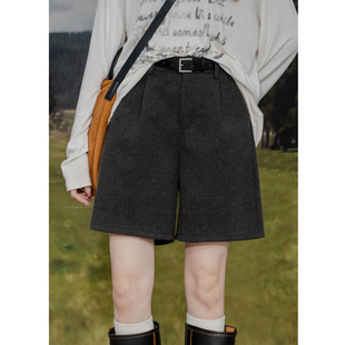 气质百搭休闲短裤 六条猫studio毛呢直筒五分裤 女高腰简约宽松中裤