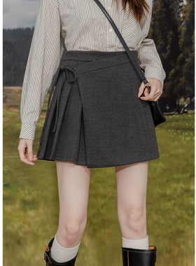 设计感不对称毛呢半身裙高腰A字绑带百褶裙简约气质显瘦呢子短裙