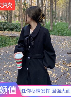 大码胖mm打底蕾丝连衣裙女2021秋冬新款套装气质显瘦系带毛呢大衣