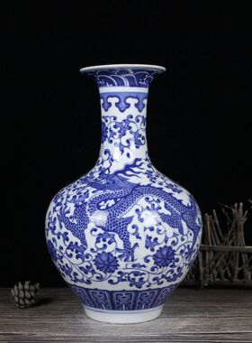 青花瓷仿古陶瓷器景德镇中式客厅插花瓷瓶装饰博古架花瓶摆件家居
