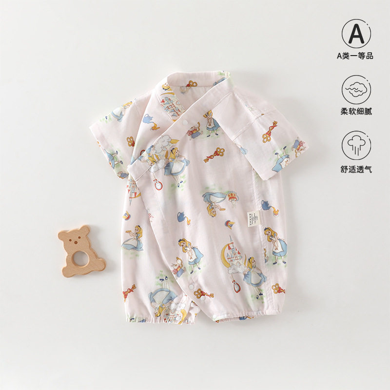 婴儿衣服夏季薄款夏季竹纤维纱布短袖汉服宝宝连体衣睡衣空调服