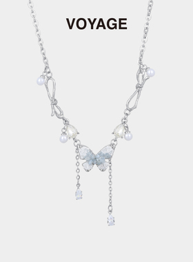 碎冰蓝锆石蝴蝶流苏吊坠项炼配饰女轻奢小众夏天高级感甜酷锁骨炼