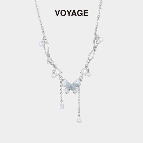 碎冰蓝锆石蝴蝶流苏吊坠项链