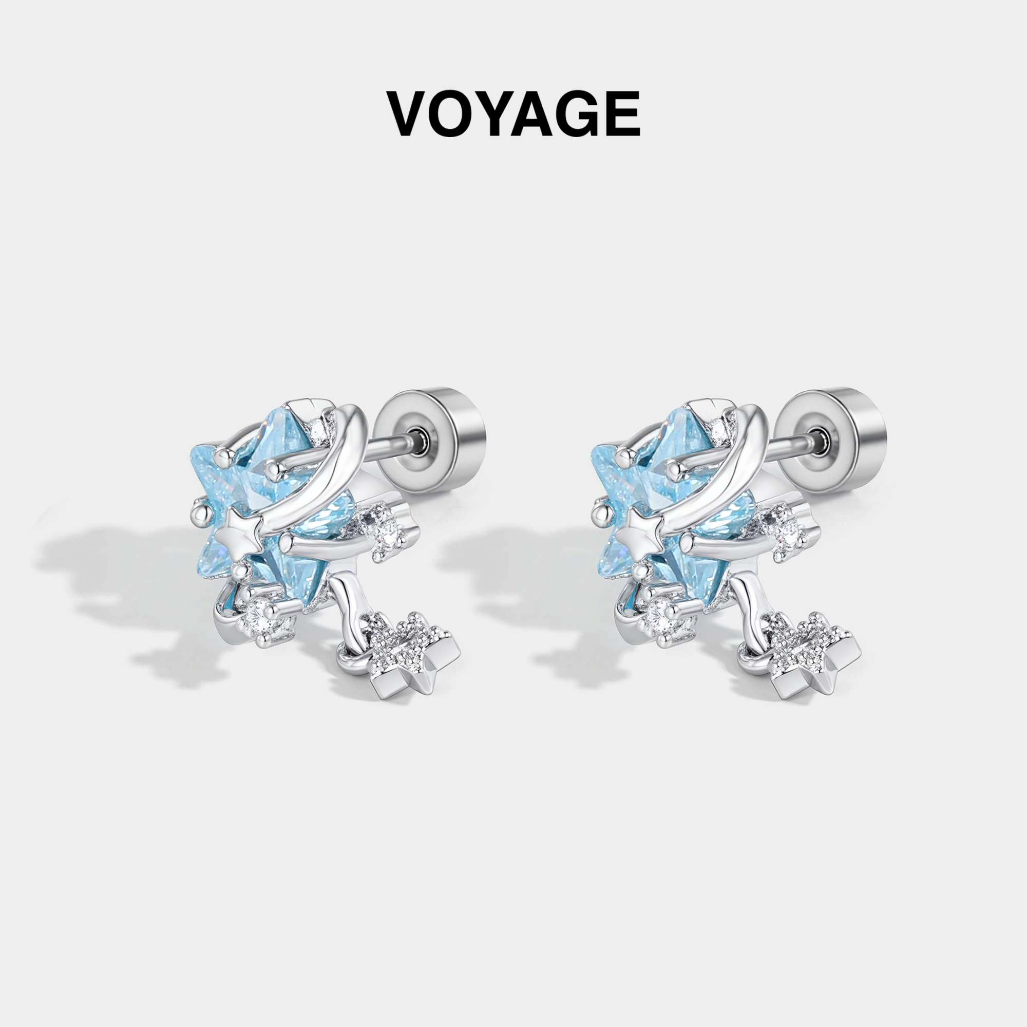 碎冰蓝星轨五角星钛合金耳钉耳饰