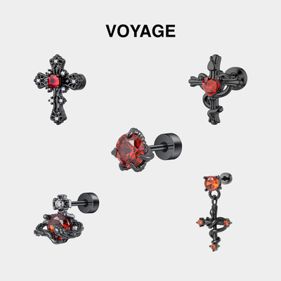 钛合金十字架耳钉女红色钛钢耳环