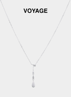 银色y字拉丝悬浮水滴项链锁骨链