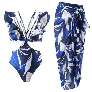 连体女泳衣套装 印花欧美法式 遮肚显瘦性感雪纺裙 外贸新款 2024爆款