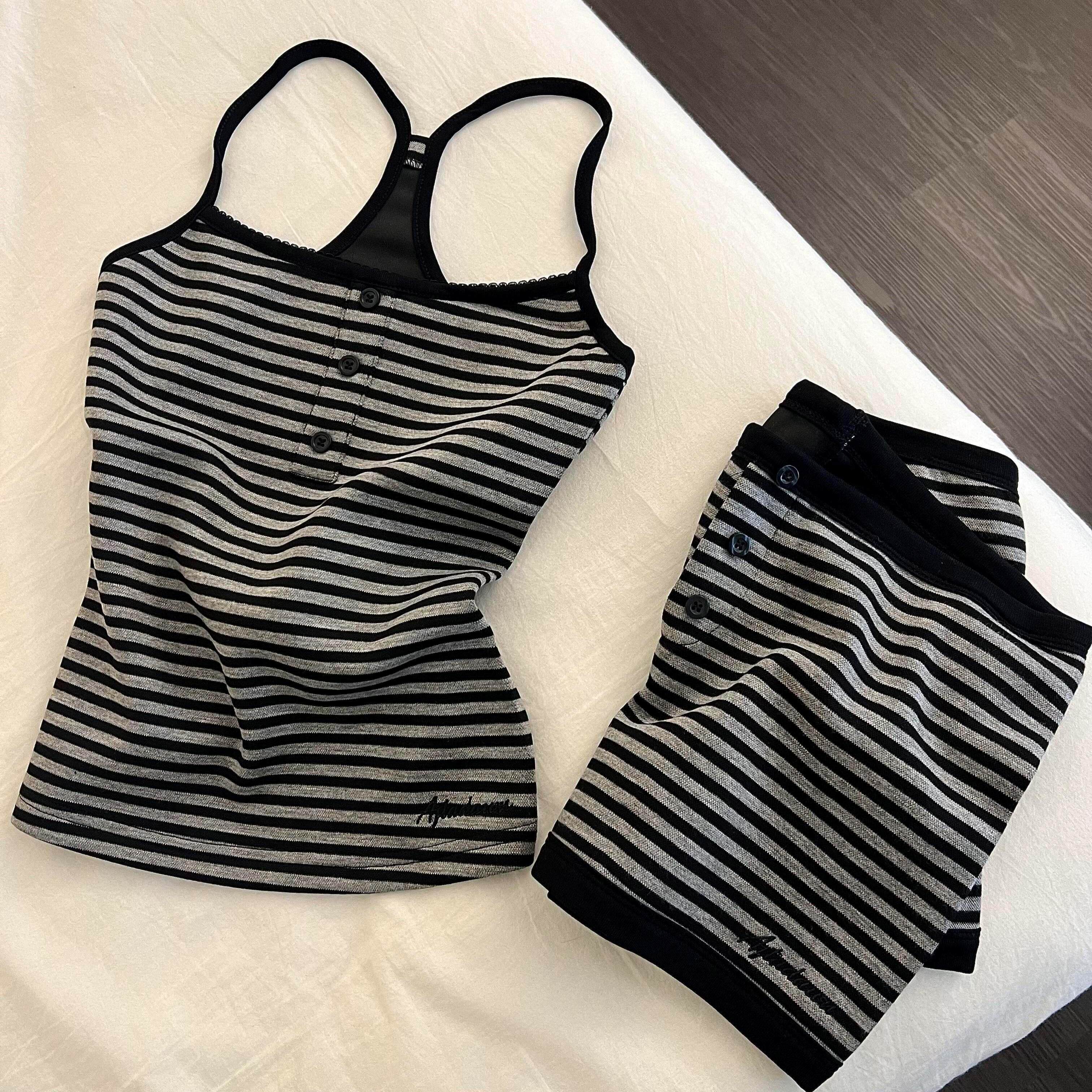 灰色条纹吊带背心短裤家居服休闲服睡衣套装夏季带胸垫纯欲可外穿