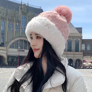 毛绒帽子女秋冬季防寒保暖显脸小潮流甜美可爱加绒加厚护耳针织帽