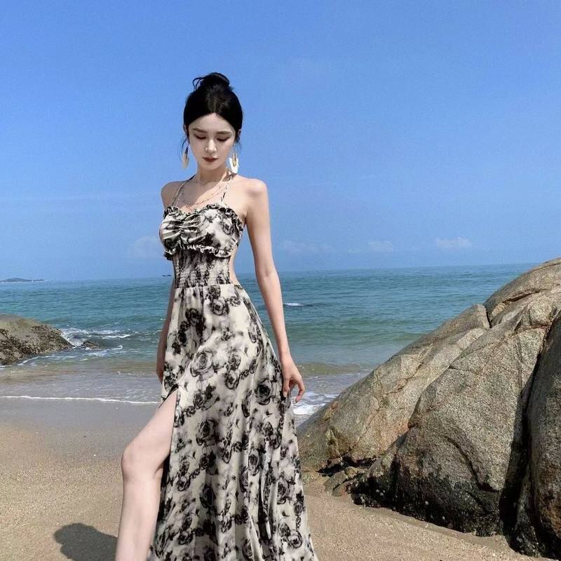 胸垫+内里 设计感开叉吊带长裙气质度假风连衣裙玫瑰女人大摆裙子