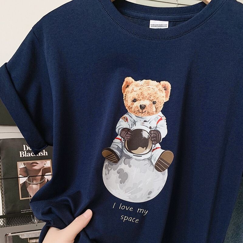 正肩纯棉短袖t恤女夏季薄款圆领内搭宽松白色上衣太空熊-YAM004