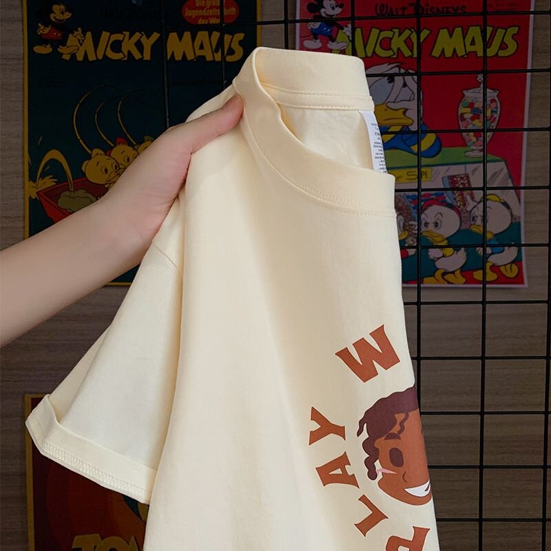 正肩纯棉短袖t恤女夏季薄款圆领内搭宽松白色上衣卷发男孩-YAS004