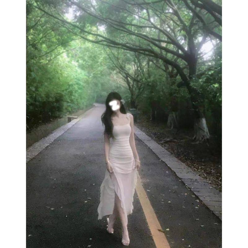 独特绝美小裙子飞飞袖网纱不规则连衣裙仙气白色初恋收腰显瘦长裙