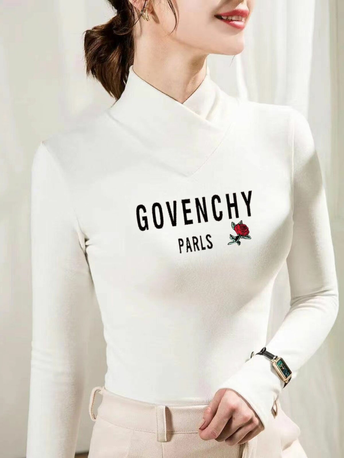 양면 독일 벨벳 가을 겨울 서양식 바닥 셔츠 슬리밍 배꼽 덮음 대형 긴팔 프린트 티셔츠 여성용 두꺼운 따뜻한 셔츠