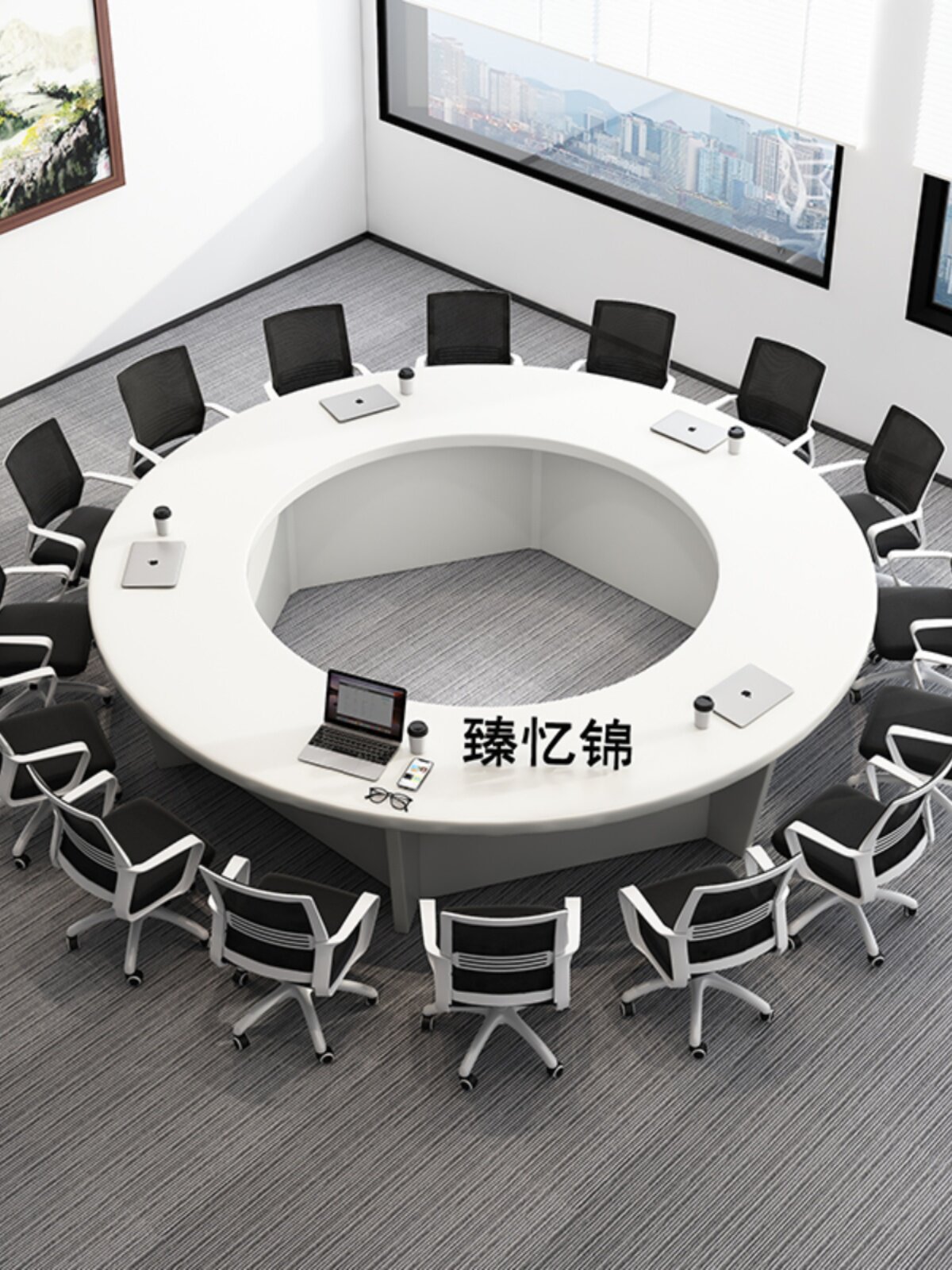 办公室学校圆形会议桌椅组合政府办公桌子洽谈桌白色板式圆桌定制