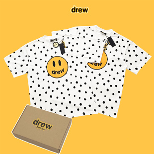现货美潮drew波点满印笑脸印花圆领短袖 纯棉休闲宽松短t男女情侣