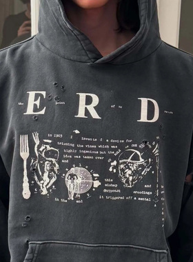 现货SS25 ERD忧郁的富二代抽象印花水洗做旧连帽卫衣破洞短款帽衫