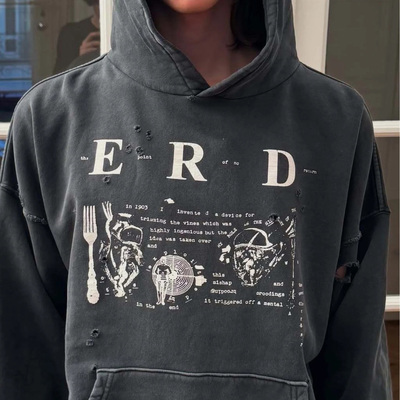 现货SS25 ERD忧郁的富二代抽象印花水洗做旧连帽卫衣破洞短款帽衫