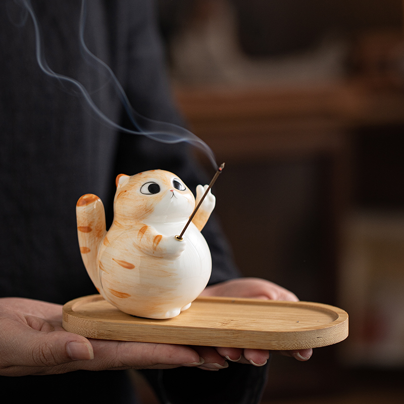 创意陶瓷可爱小花猫香插檀香线香家用室内禅意香炉茶室插香香座