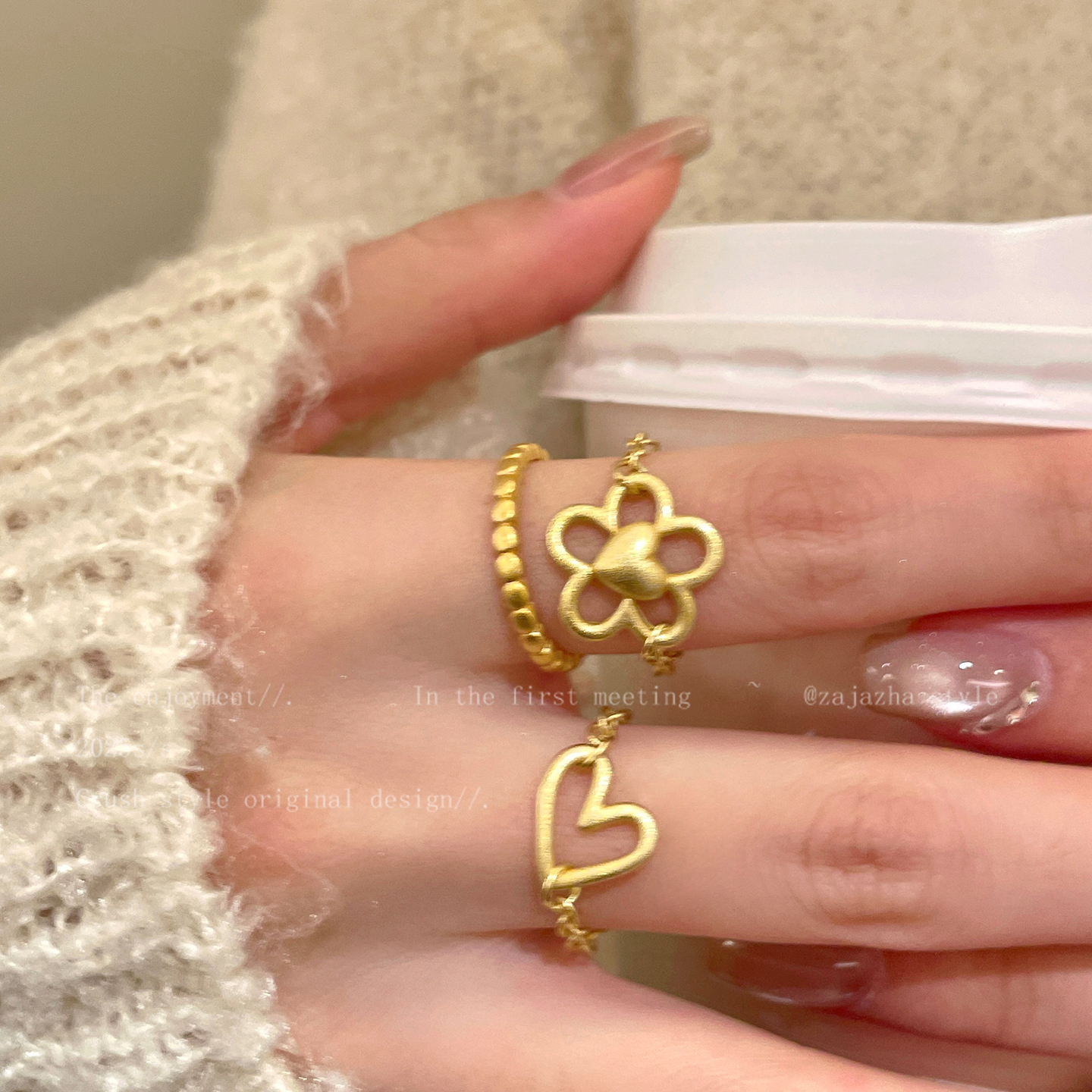 金色镂空爱心戒指女秋冬