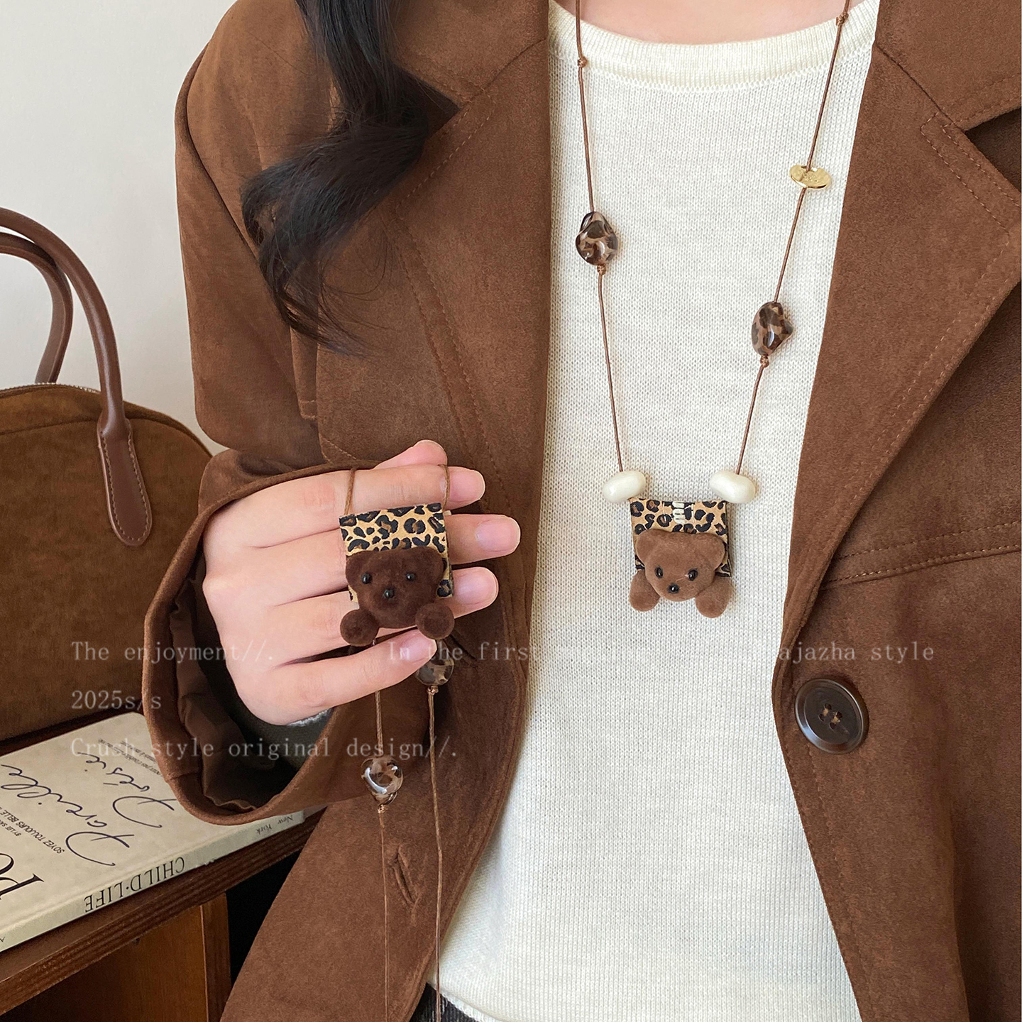 小熊豹纹编织项链女长款