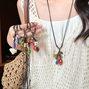 新中式陶瓷串珠编织绳项链女款民族风时尚百搭长款秋冬毛衣链配饰