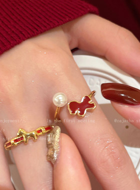 红色小马珍珠开口戒指女