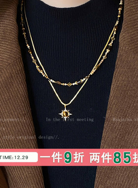 金色虎眼石叠戴长款项链女秋冬