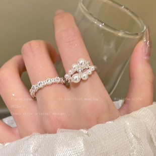 花朵珍珠锆石戒指女款韩系轻奢高级感食指戒学生党叠戴可调节指环