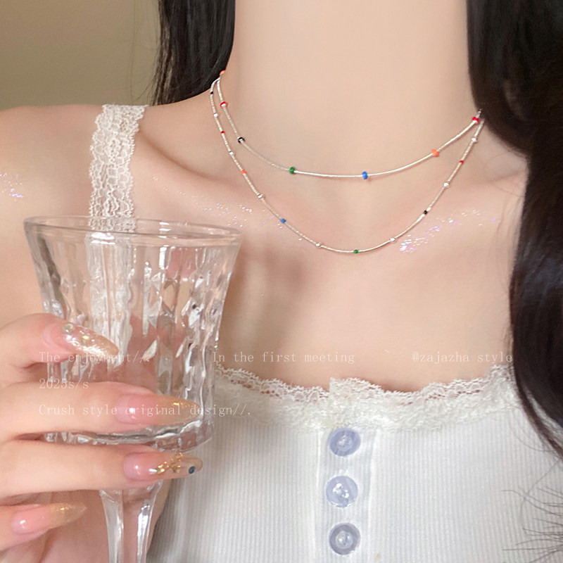 绚烂星球~夏日多巴胺彩色豆豆串珠项链女小众设计叠戴锁骨链配饰