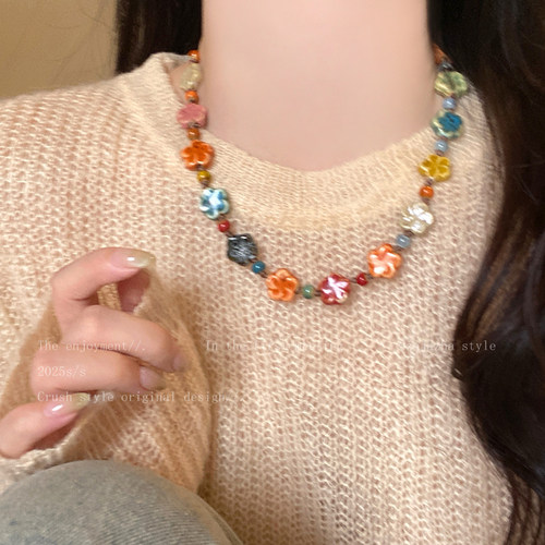 彩色陶瓷花花项链女2025新款