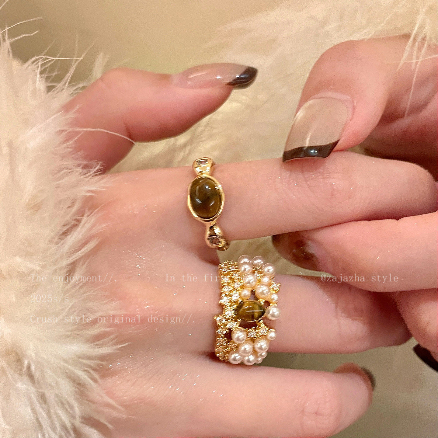 超精致！虎眼石琥珀珍珠戒指女法式高级感贵气食指戒夸张时尚配饰