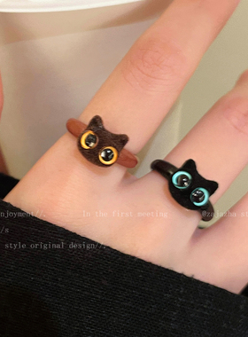 可爱卡通猫咪开口戒指女小众