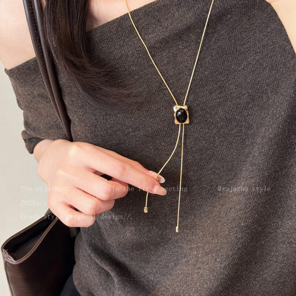 秋冬方形虎眼石抽拉项链女轻奢高级感小众毛衣链气质大气长款配饰