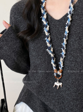 牛仔布艺银色木马编织项链女