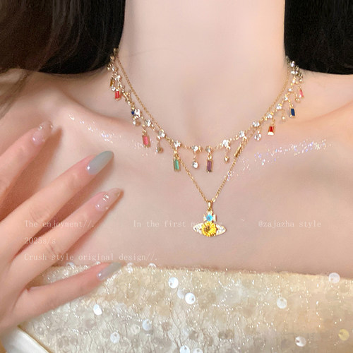 彩色西太后土星锆石项链女2025新款小众高级感锁骨链时尚轻奢配饰
