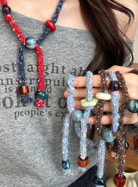 针织串珠拼接毛线项链女秋冬