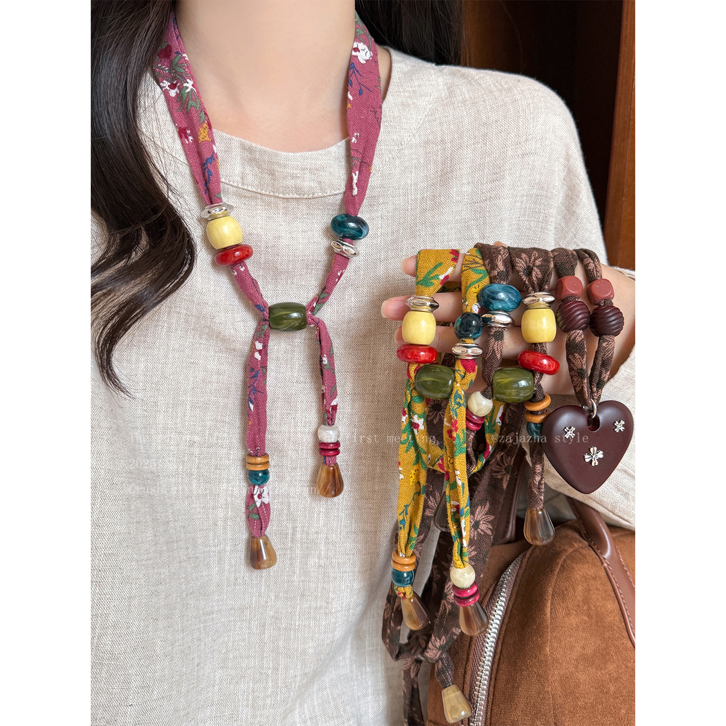 森系碎花串珠丝巾项链女小众设计时尚毛衣链复古秋冬系脖长款配饰