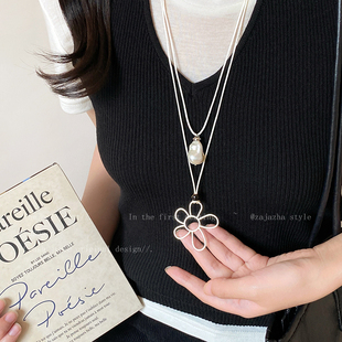 巴洛克珍珠花朵项链女2026新款爆款高级感锁骨链银色长款叠戴配饰