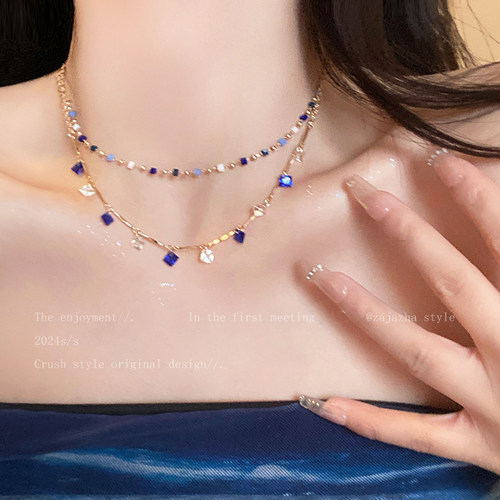 彩色水晶串珠叠戴项链女2025新款轻奢锁骨链独特绝美小众颈链配饰